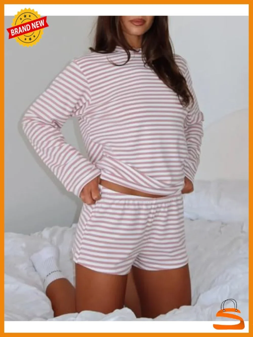Women's 2-Piece Striped Pajama Set Long Sleeve Top & Shorts Lounge Set